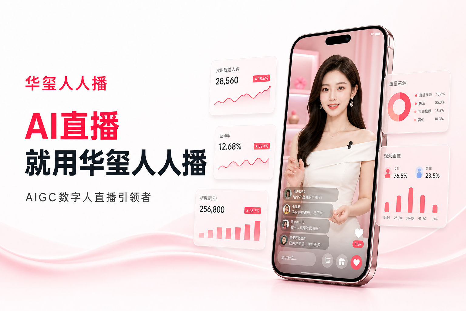华玺人人播 AI 数字人直播产品界面